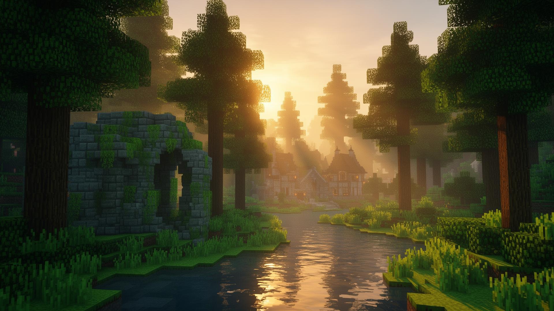Paysage Minecraft Hexagone au lever du soleil